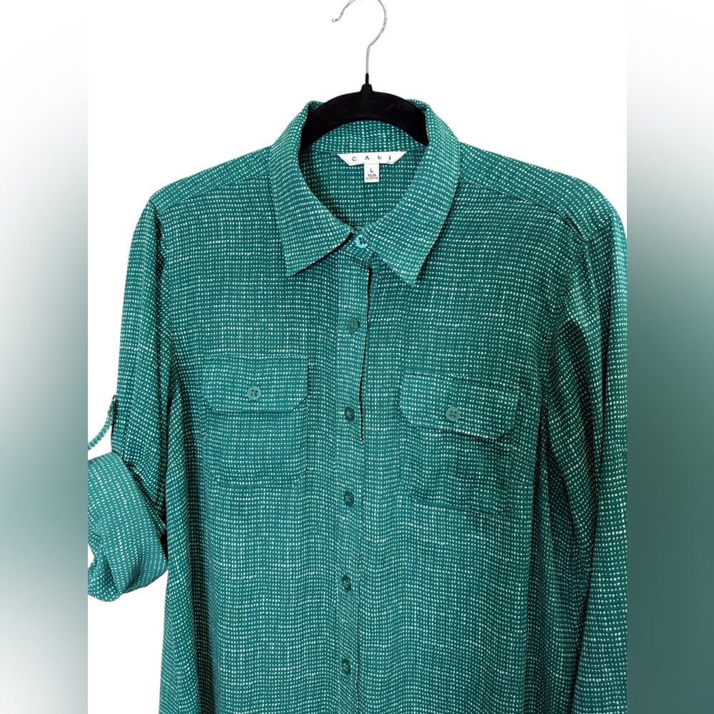 Cabi Women’s Green and White Print Midi Shirt Dress sz L - Picture 2 of 11